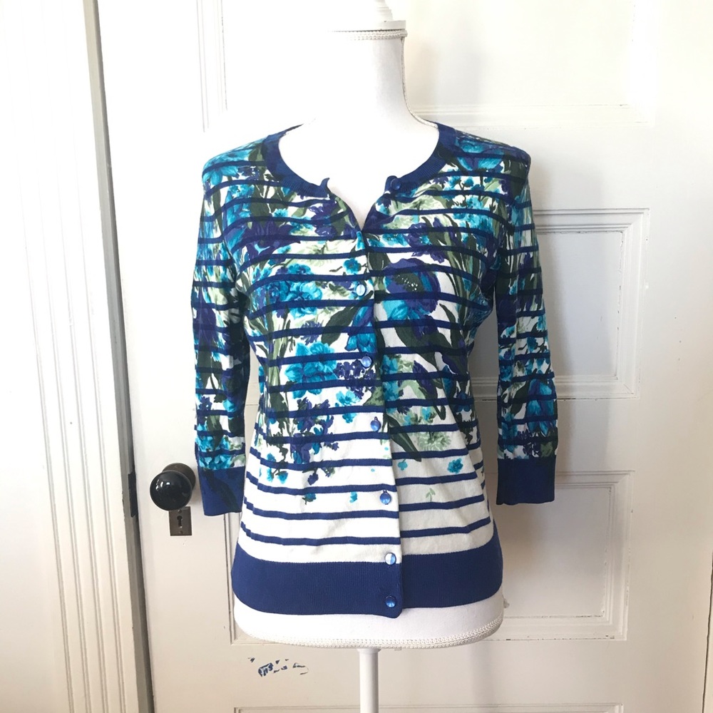 Talbots Blue Floral Stripe Cotton Blend Cardigan Sweater